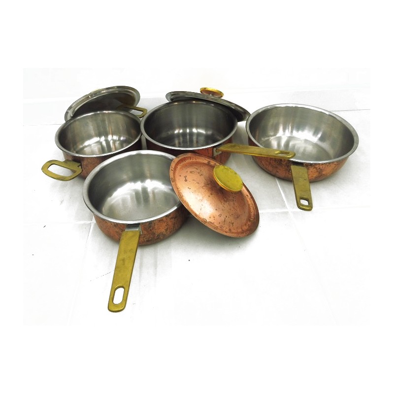 Lot De 4 Casseroles En Cuivre étamé Avec 3 Couvercles Assortis